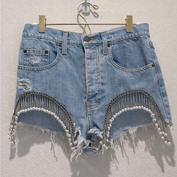 Festival Jeweled Fringe Denim Shorts Pearl Chain Cutoff Size 25 - Picture 10 of 10